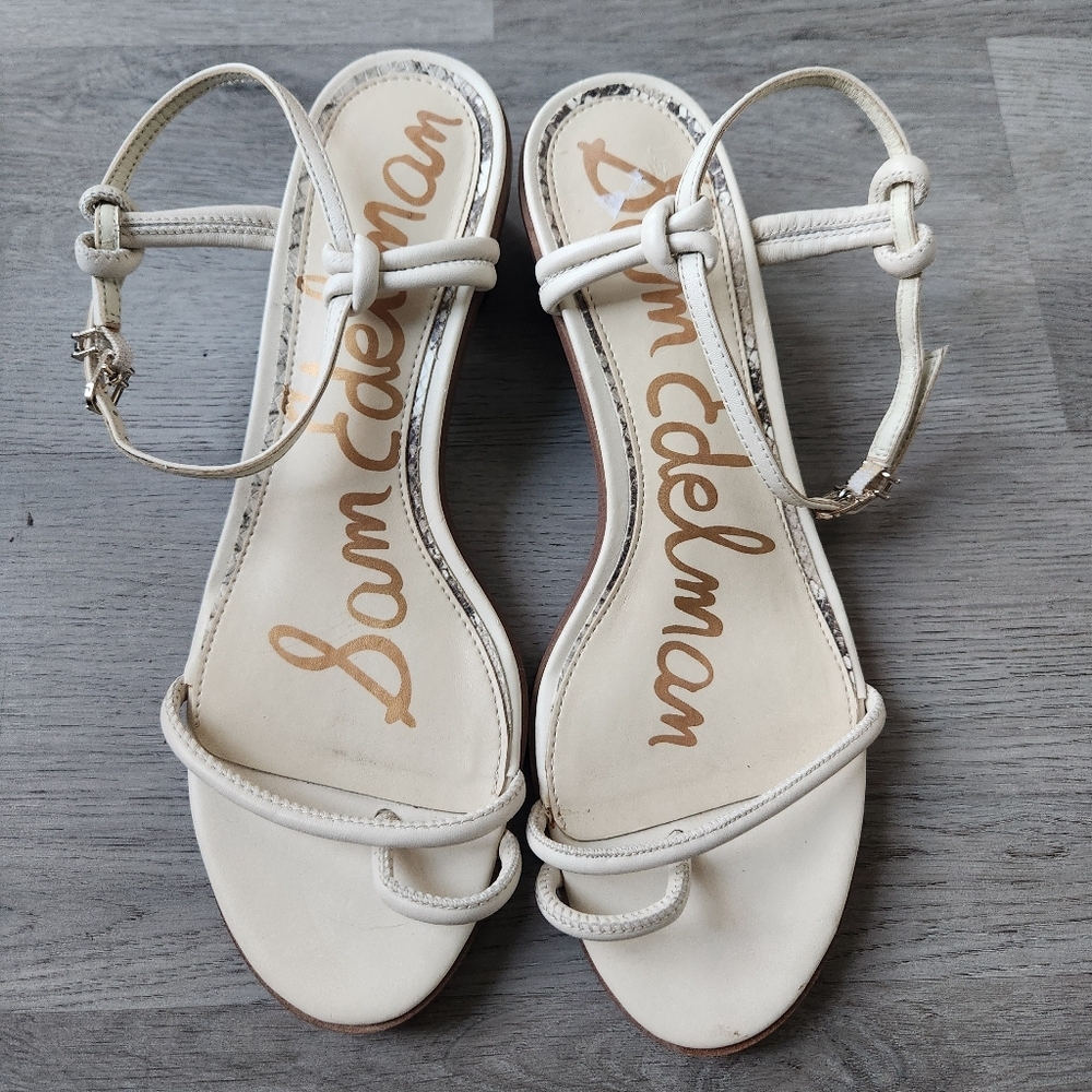 Sam Edelman isle low snake print block heel leather sandals cream size 8.5M